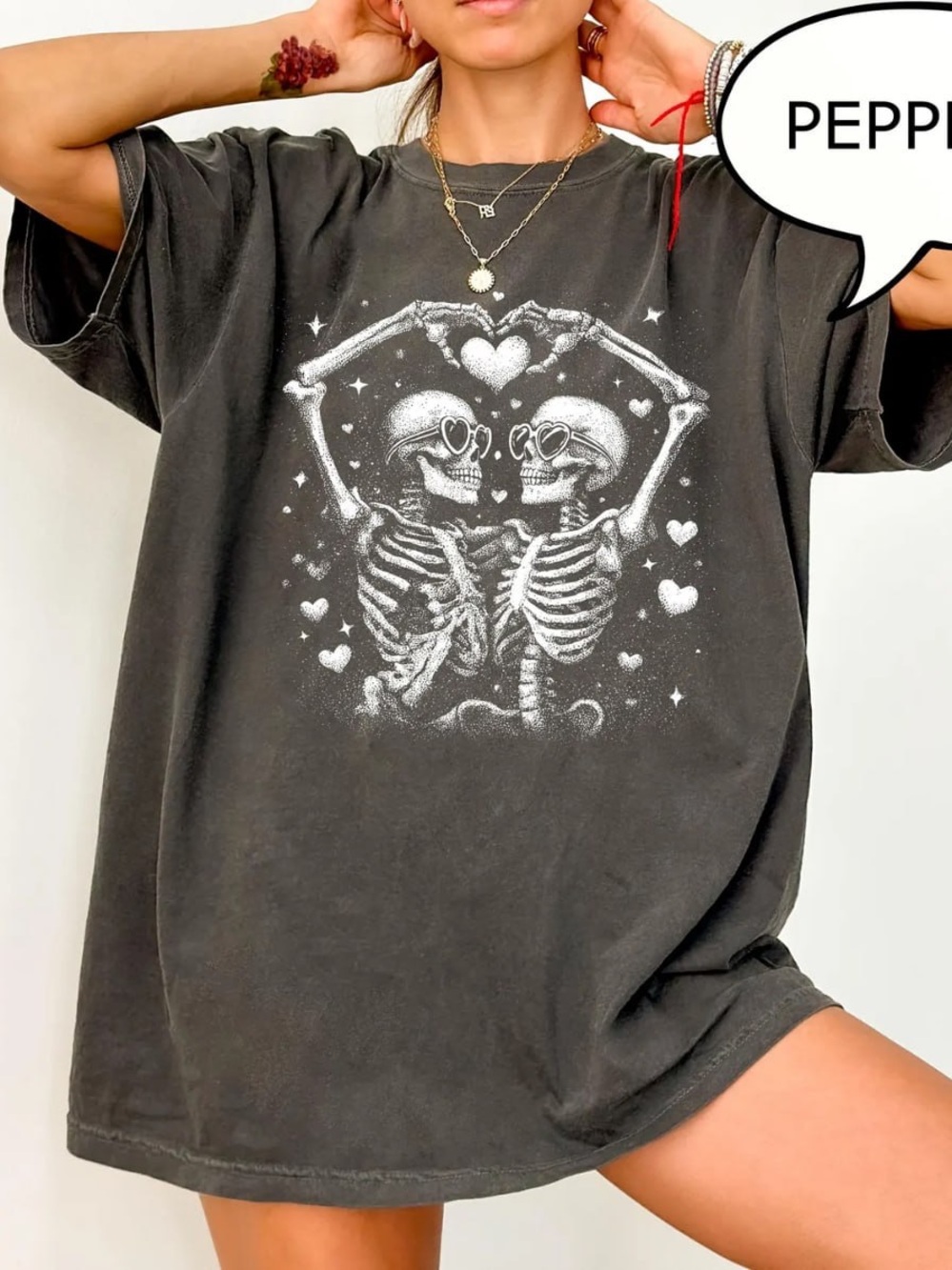 Comfort Colors Pepper Short Sleeve Tee with White Skeleton Heart Graphic